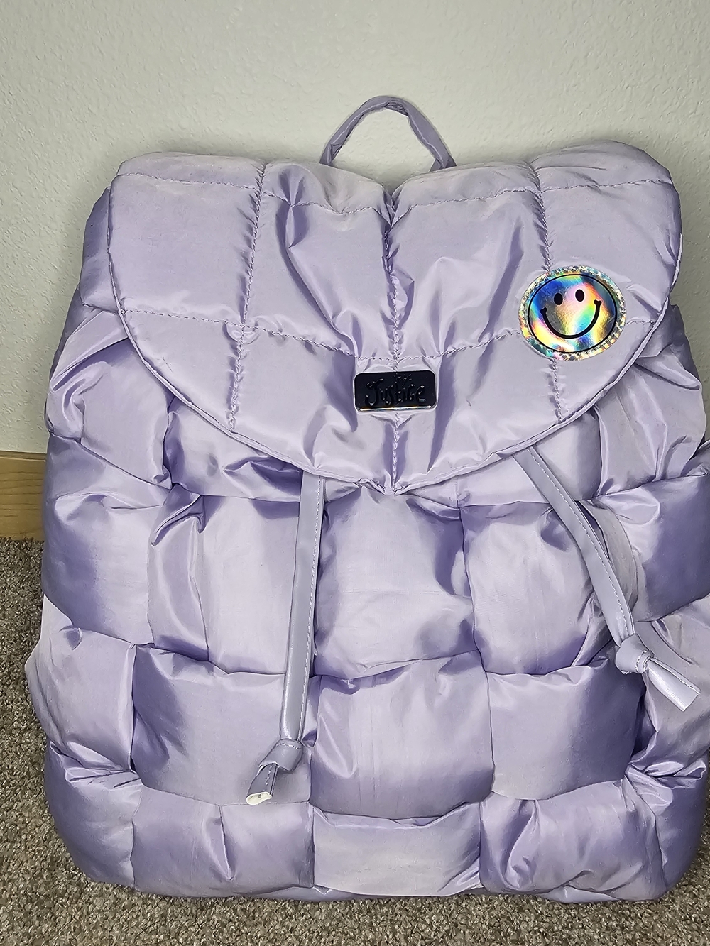 Justice Lilac Puffy Backpack with Holographic Smiley Patch